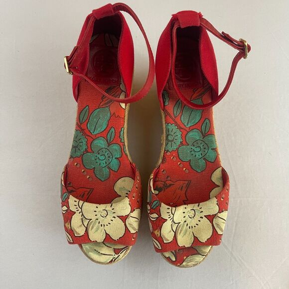 Tory Burch Sherri 9 M Leather Espadrille Wedge Platform Heel Peep Toe Red Floral - Picture 4 of 8